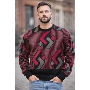 XL Indie Vintage sweater Eclectic Grandpa core Mens Black Red Geometric dad 80's
